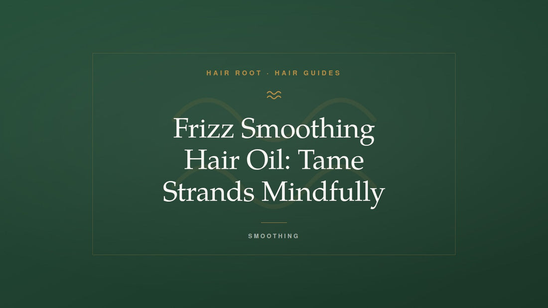 Hair Root Hair Guides title card — Frizz Smoothing Hair Oil: Tame Strands Mindfully — with a gold smoothing wave motif on deep green