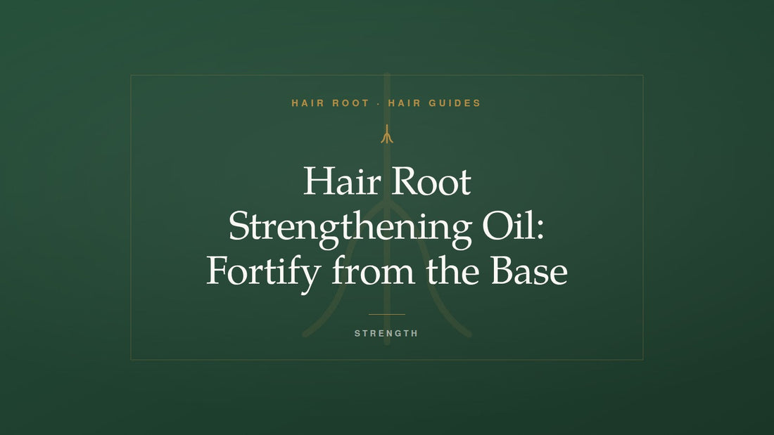 Hair Root Hair Guides title card — Hair Root Strengthening Oil: Fortify from the Base — with a gold root motif on deep green