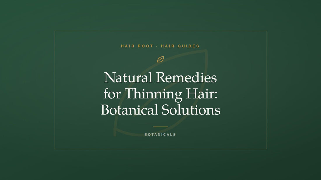 Hair Root Hair Guides title card — Natural Remedies for Thinning Hair: Botanical Solutions — with a gold botanical leaf motif on deep green