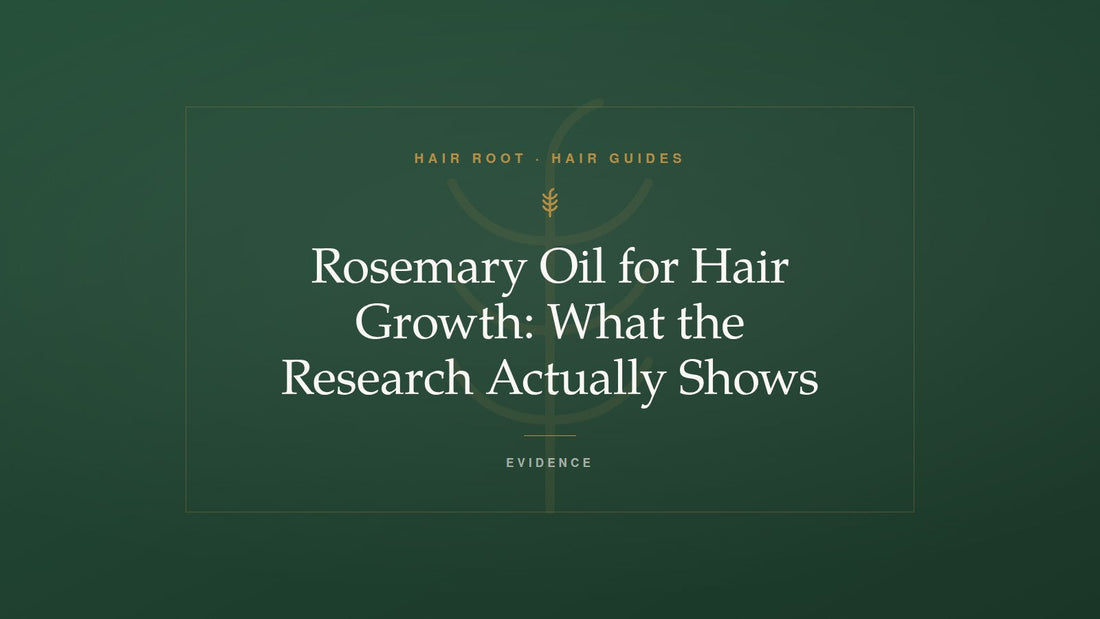 Hair Root Hair Guides title card — Rosemary Oil for Hair Growth: What the Research Actually Shows — with a gold rosemary sprig motif on deep green