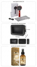 Hair Root biotin and ginger scalp serum set with the red electric scalp massager, USB charging cable, grey storage pouch and the 9.25 by 6.1 inch zip travel case