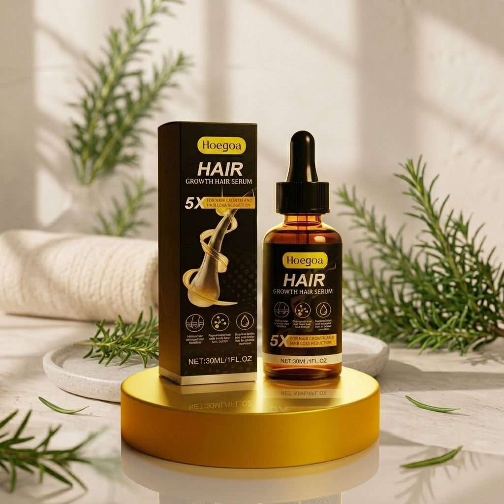 Hoegoo Hair Growth Hair Serum bottle and packaging box displayed on a gold pedestal with decorative greenery and a towel in the background.