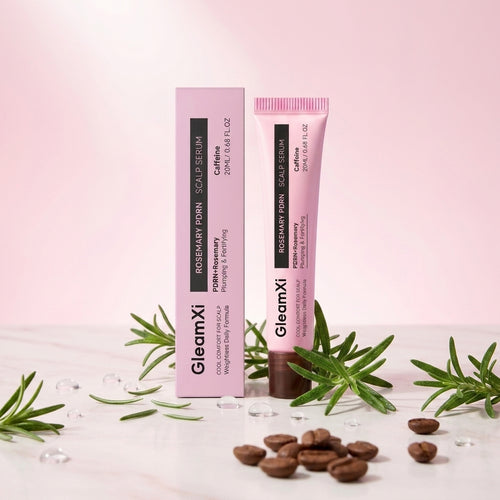 GleamXi Rosemary Foliu Scalp Serum in a pink squeeze tube next to its matching pink box, styled with rosemary sprigs and coffee beans on a white marble surface against a soft pink background.