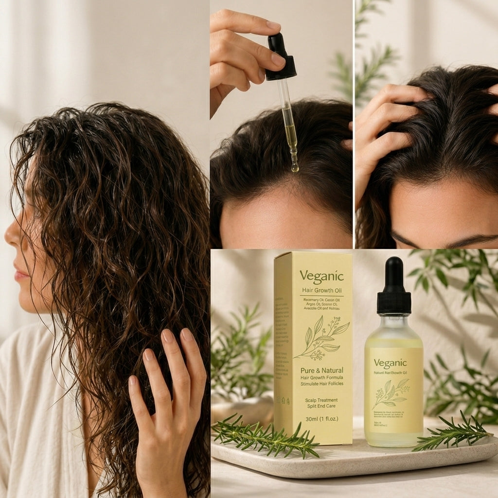 A collage showing a woman with long curly dark hair, close-ups of her scalp and hairline, a dropper of oil being applied, and the product box and bottle labeled Veganic Hair Growth Oil on a tray with greenery.