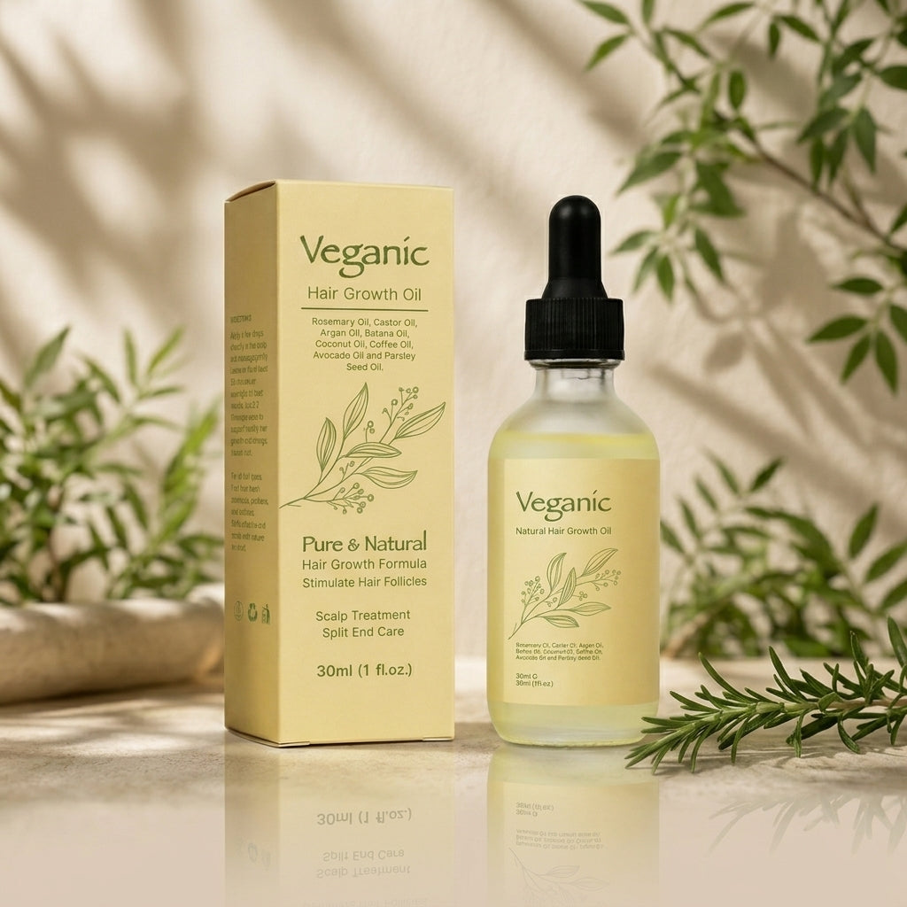 Veganic Hair Growth Oil bottle with dropper and its matching beige box, styled on a reflective surface with green leaves and a burlap sack in the background.