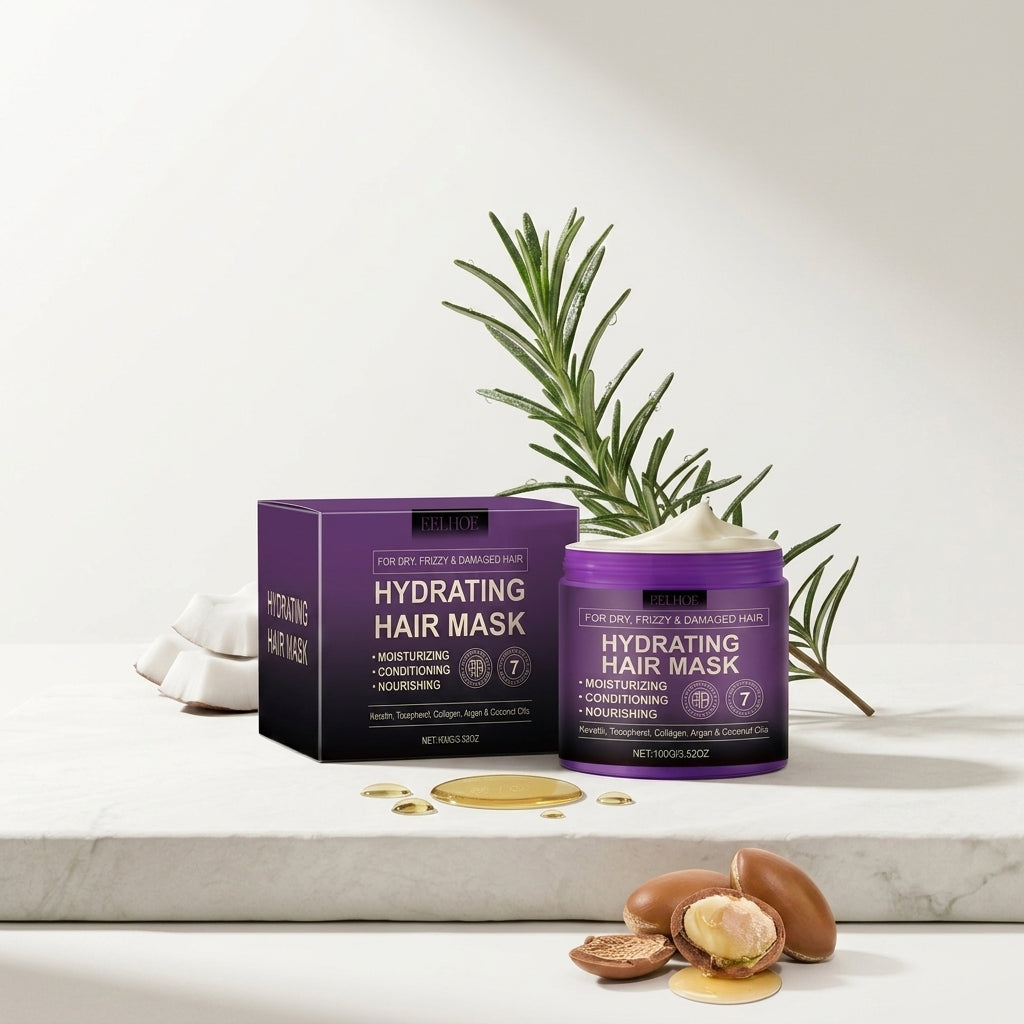 A jar of Rite Live Hydrating Hair Mask next to its purple and black packaging box, styled on a white marble surface with argan nuts, honey, and a rosemary sprig.