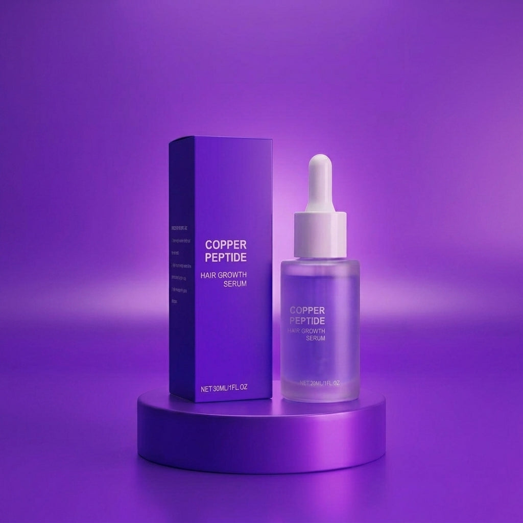 Copper Peptide Hair Growth Serum in a clear dropper bottle next to its purple packaging box, displayed on a matching purple pedestal against a purple gradient background.