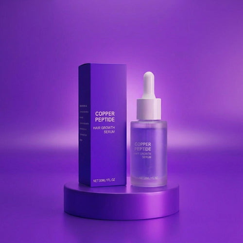 Copper Peptide Hair Growth Serum in a clear dropper bottle next to its purple packaging box, displayed on a matching purple pedestal against a purple gradient background.
