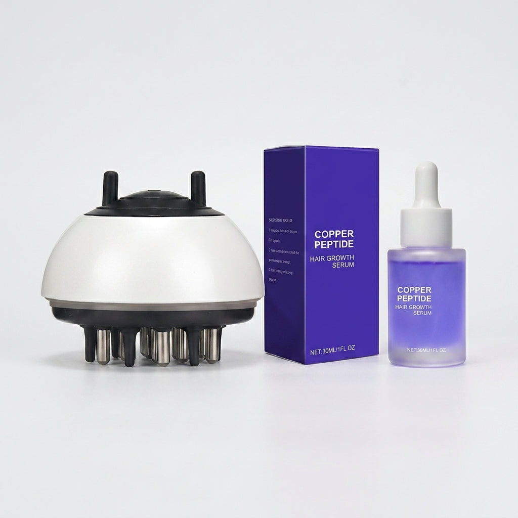 A hair growth serum set featuring a white and black dome-shaped device with metal prongs, a purple box labeled 'COPPER PEPTIDE Hair Growth Serum,' and a clear dropper bottle containing purple liquid, photographed on a clean white background.