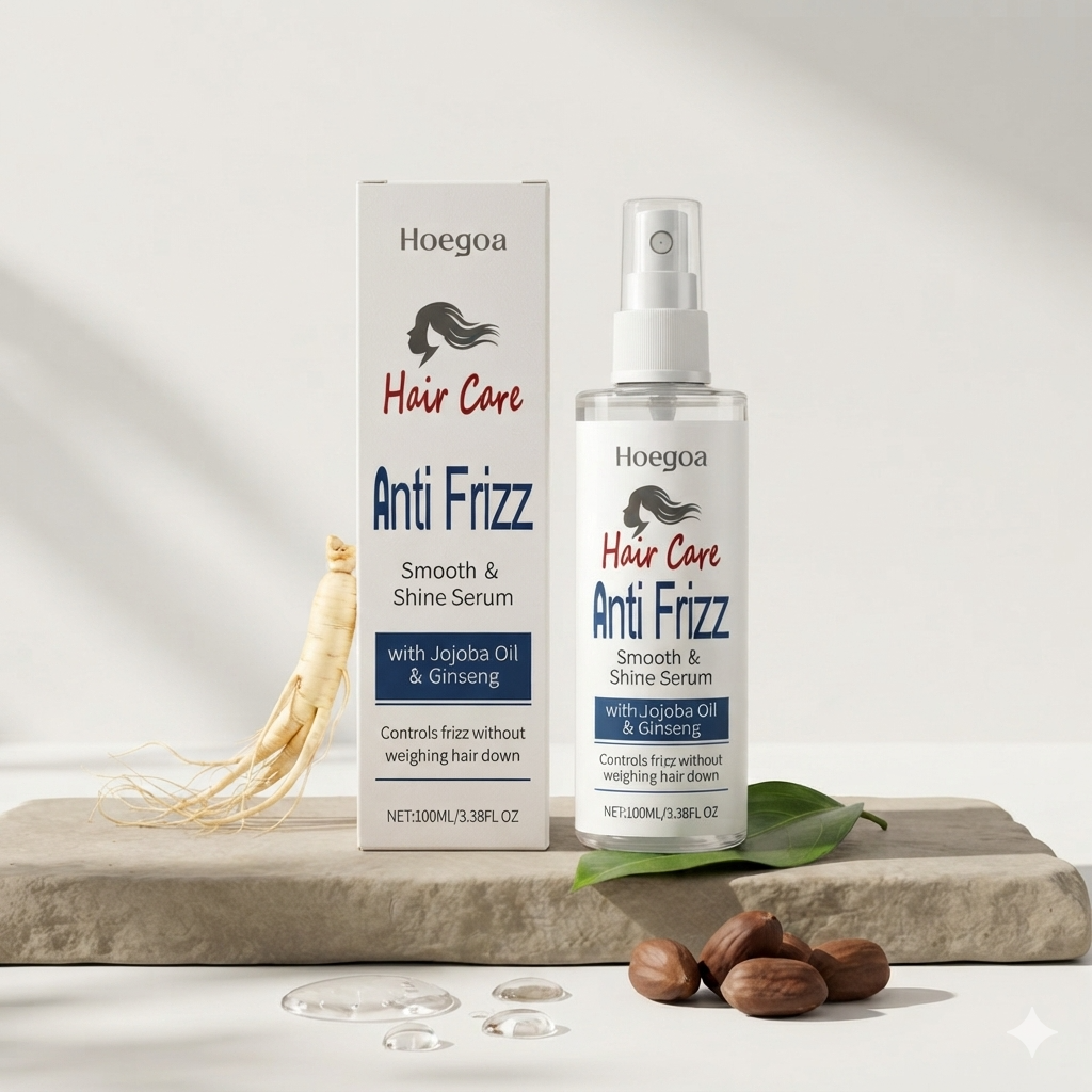 Hoegoa Anti Frizz Hair Care serum bottle and box displayed on a stone slab with ginseng roots and almonds, on a clean white background.