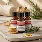 Three amber glass bottles of Ardaofu hair growth essence arranged on a light stone tray with ginger slices, rosemary sprigs, and a rolled towel in the background.