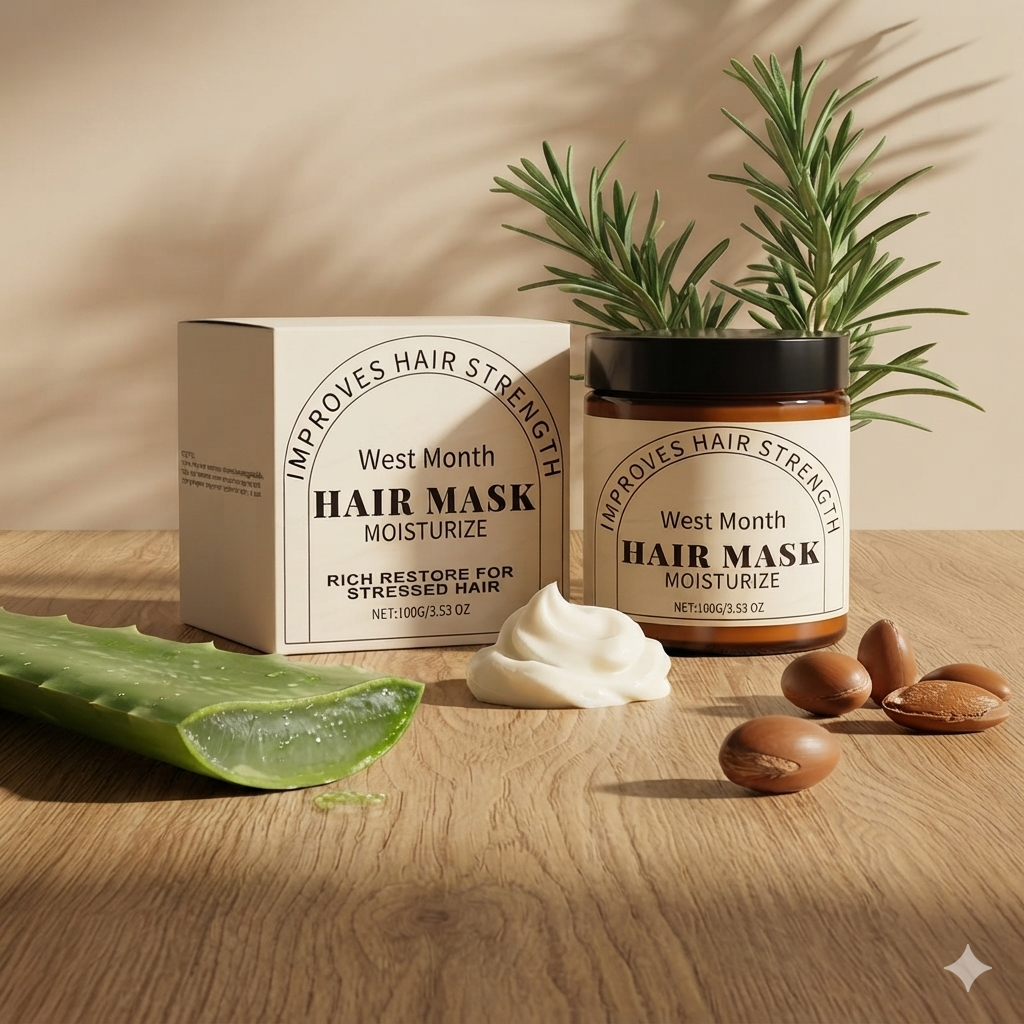 West Month Hair Mask Moisturize jar and box set on a wooden surface with a dollop of white mask, aloe vera slice, argan nuts, and a rosemary sprig in warm natural light.
