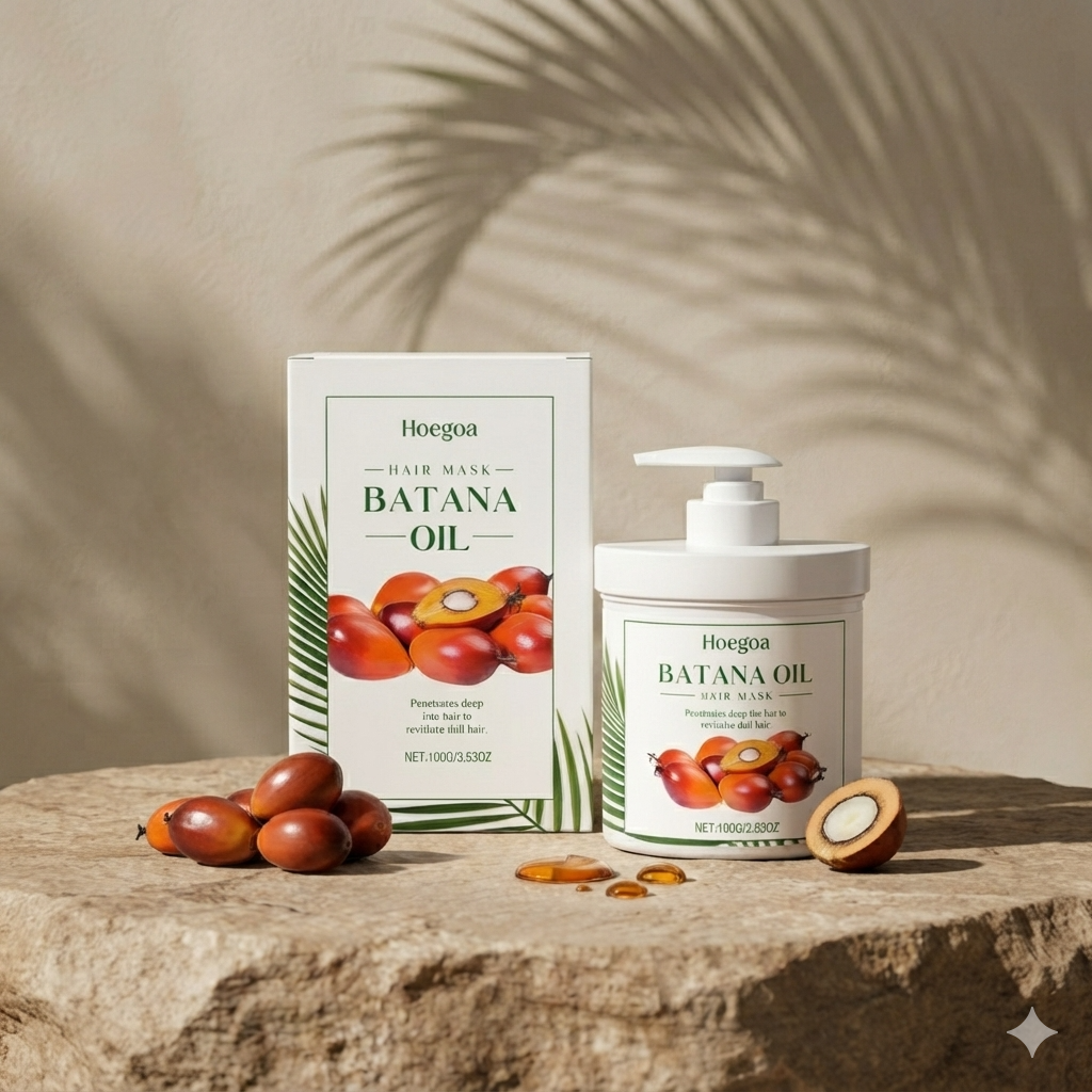 Hoegoa Batana Oil hair mask set, including a white pump bottle and matching box, styled on a stone surface with fresh banana leaves and ripe brown bananas under warm natural light.