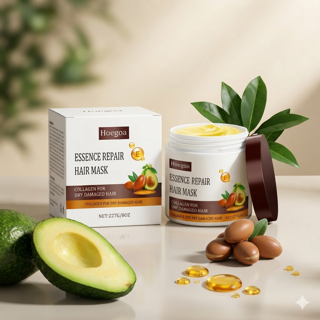 Hoegoa Essence Repair Hair Mask jar and box displayed on a light surface with avocado halves, argan nuts, and gold droplets, against a softly blurred warm beige background.