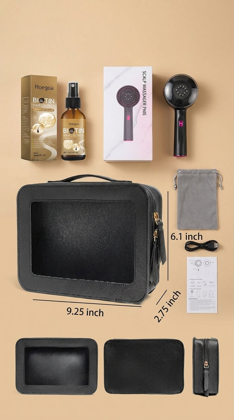 Hair Root biotin and ginger scalp serum set with the black electric scalp massager, USB charging cable, grey storage pouch and the 9.25 by 6.1 inch zip travel case