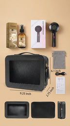 Hair Root biotin and ginger scalp serum set with the black electric scalp massager, USB charging cable, grey storage pouch and the 9.25 by 6.1 inch zip travel case