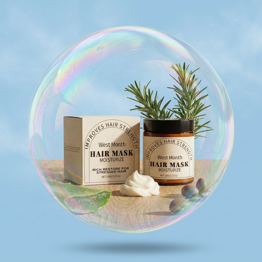 Moisturizing hair mask in an amber jar and box with rosemary sprigs, set inside an iridescent bubble on a pale blue background
