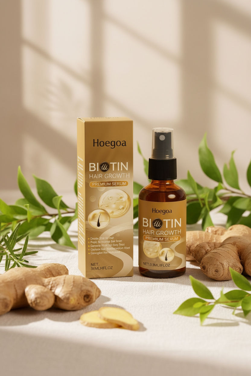 Biotin & Ginger Hair Serum Spray lifestyle photo — amber bottle and gold box on white linen with ginger root