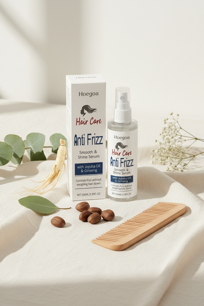 Smoothing Leave-In Hair Serum Spray lifestyle photo on cream linen